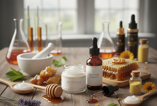 البروبوليس وغذاء الملكات: المنتجات "الأخرى" للخلية واستخداماتها في مستحضرات التجميل والمكملات الغذائية.