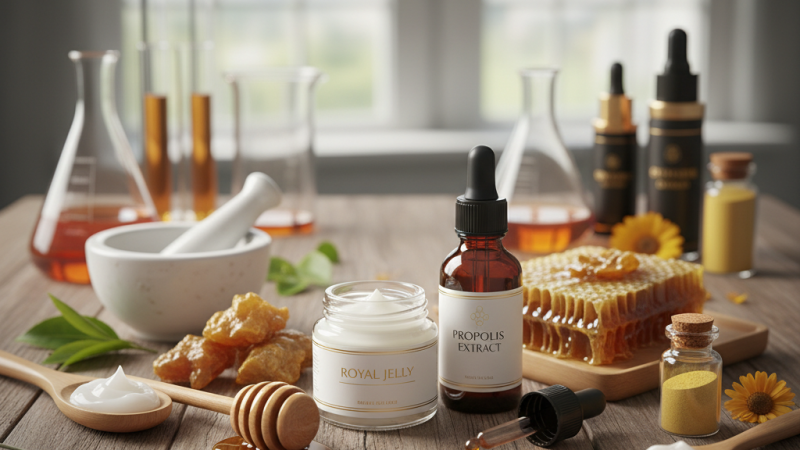 البروبوليس وغذاء الملكات: المنتجات "الأخرى" للخلية واستخداماتها في مستحضرات التجميل والمكملات الغذائية.